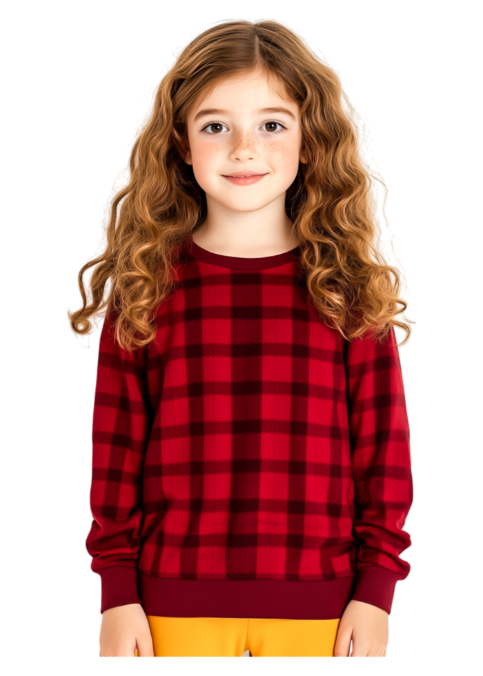 Young Girl Smiling in Red Plaid Sweater with Long Curly Hair png
