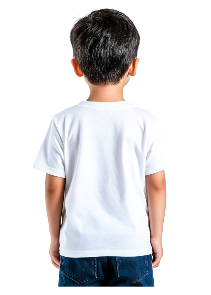 Back View of Young Child in Plain White T-Shirt against Black Background png
