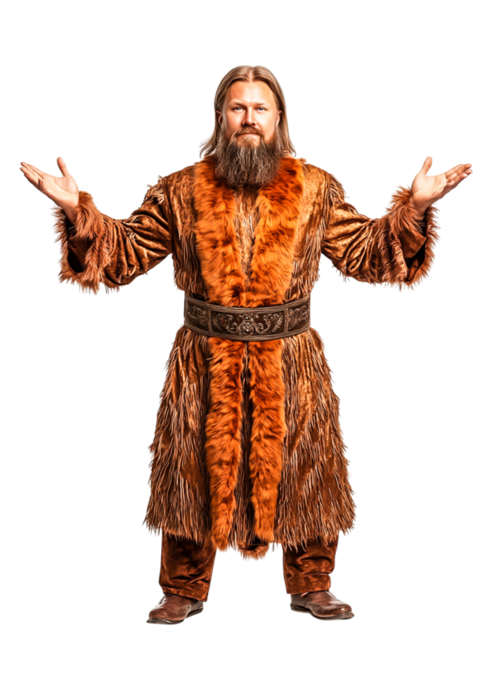 Man in Elaborate Fur Costume with Open Arms in Studio Setting png