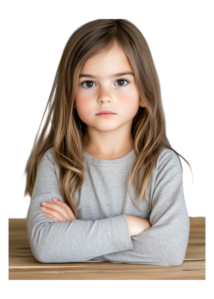 Thoughtful young girl with crossed arms in a cozy setting png