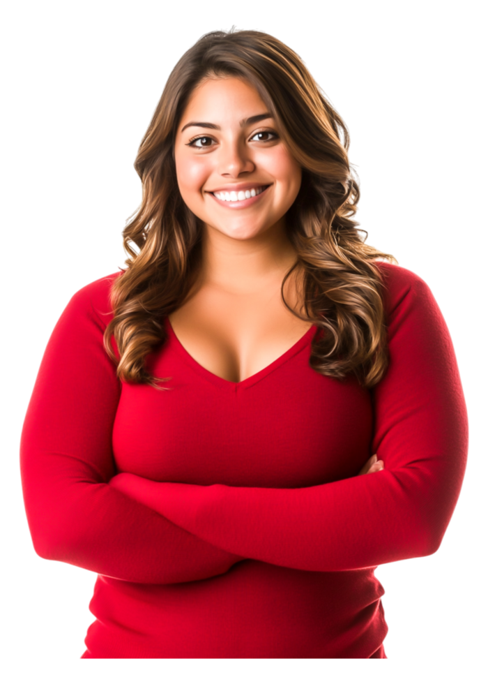 Smiling young woman in red sweater with arms crossed on png