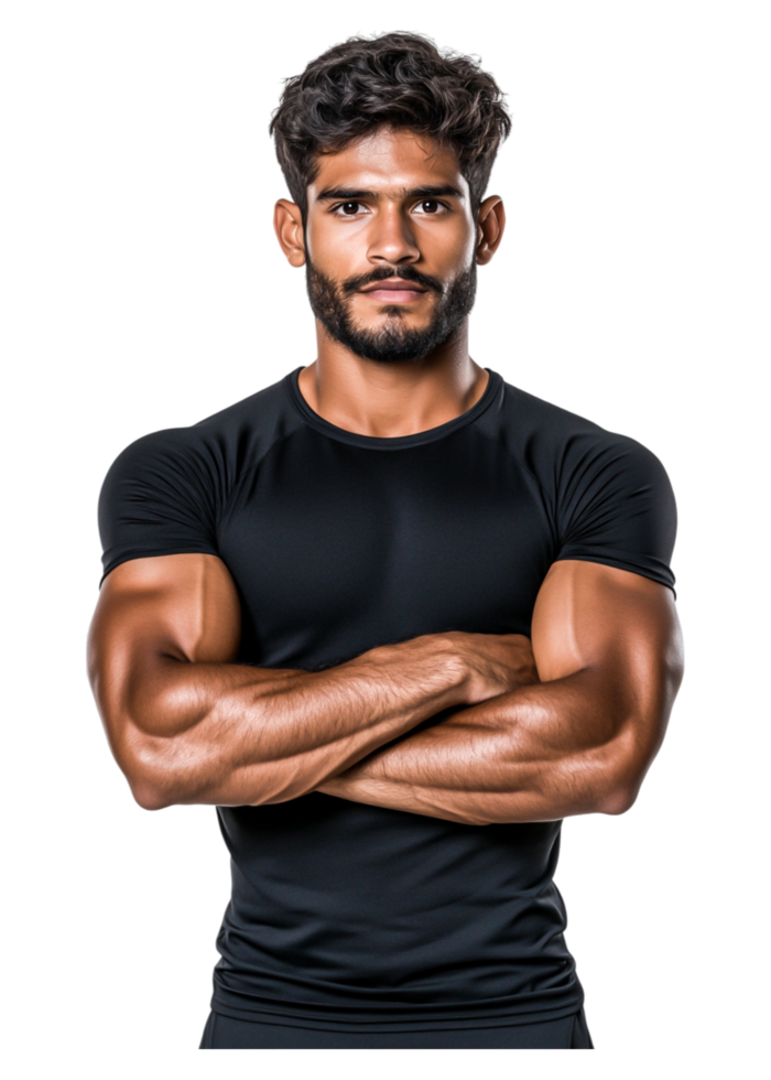 Confident Man Displaying Muscular Arms in Athletic Apparel png