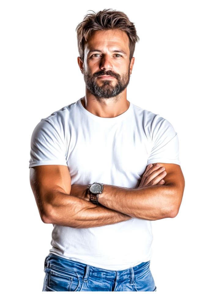Confident Man with Beard in White T-Shirt and Jeans Standing Proudly png