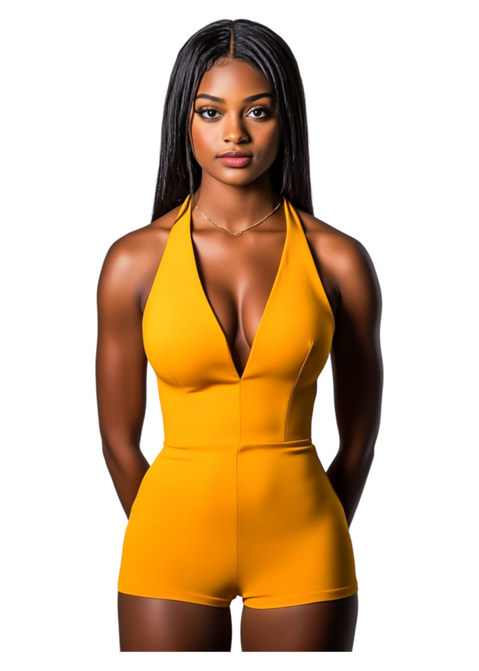 Confident Young Woman in Bright Yellow Outfit with Long Hair png