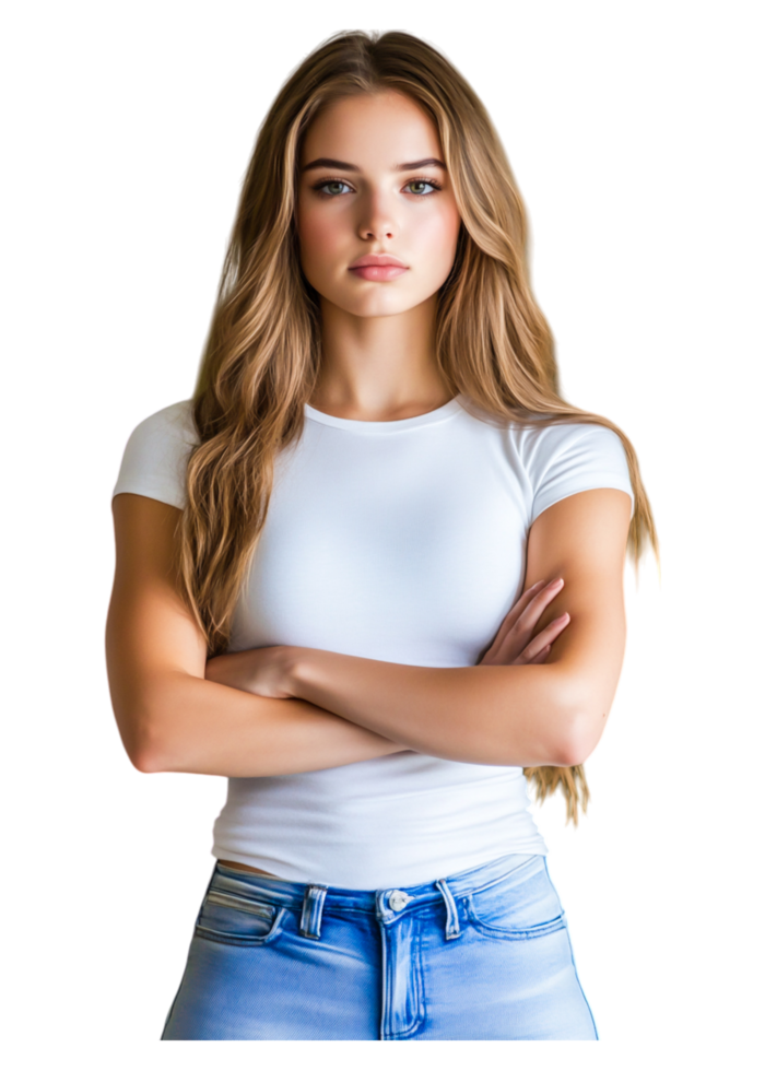 Confident Young Woman with Long Hair in White Shirt and Blue Jeans png