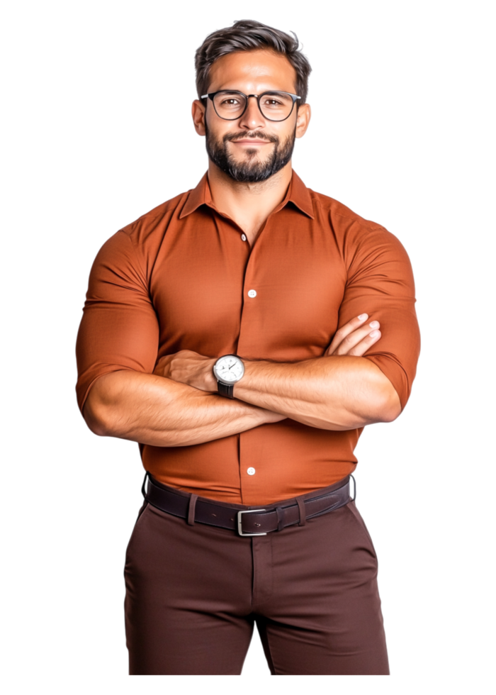Confident Businessman in Brown Shirt with Arms Crossed Against png