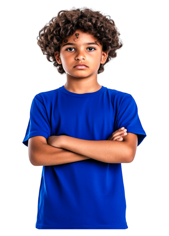Confident Young Boy with Curly Hair in Blue T-Shirt, Serious Expression png