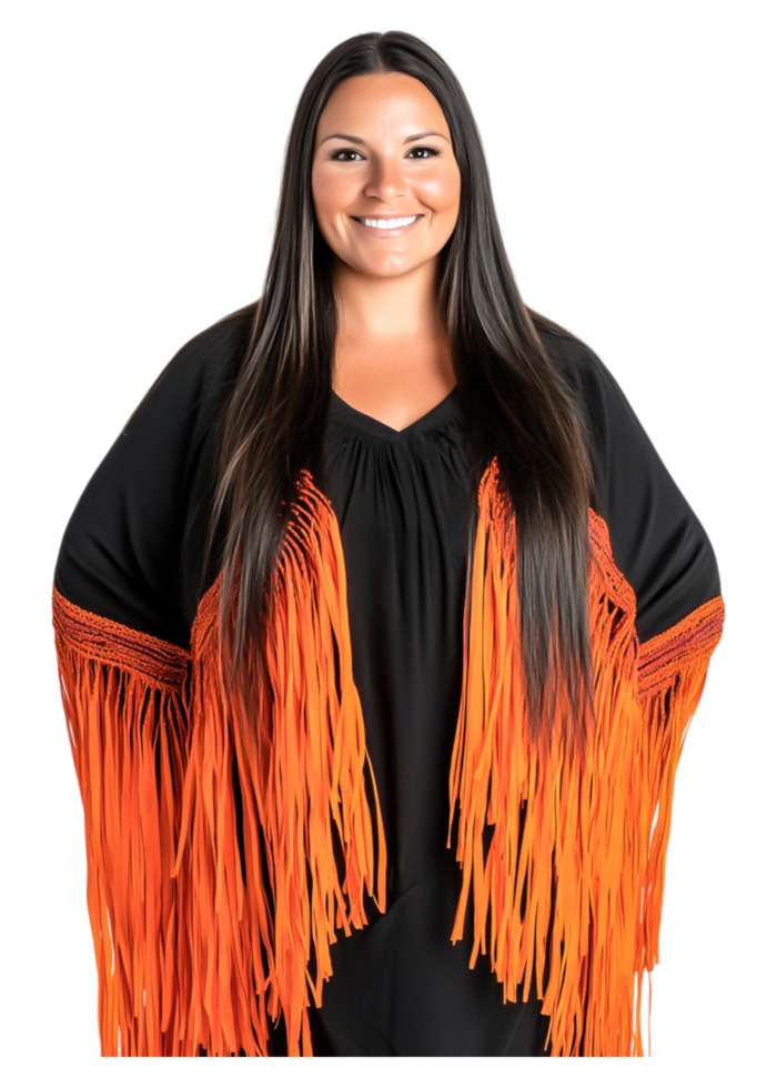 Woman Wearing Black Outfit with Orange Fringe Smiling Confidently png