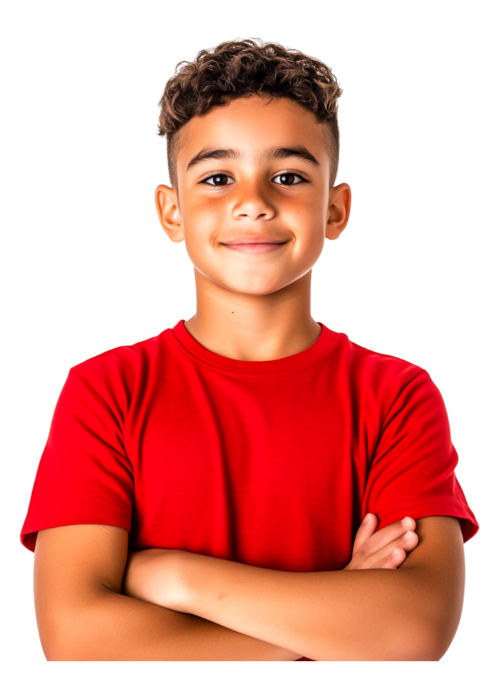 Confident Young Boy in Red T-Shirt with Arms Crossed Portrait png