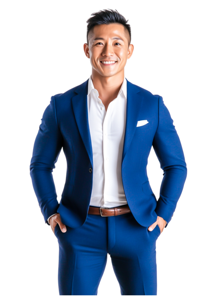 Confident businessman in blue suit with smile and hands in pockets png