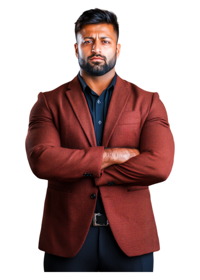 Confident Businessman with Arms Crossed in Brown Blazer Pose png