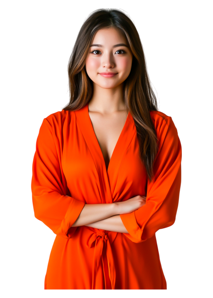 Young woman in an orange robe with a confident and warm expression png