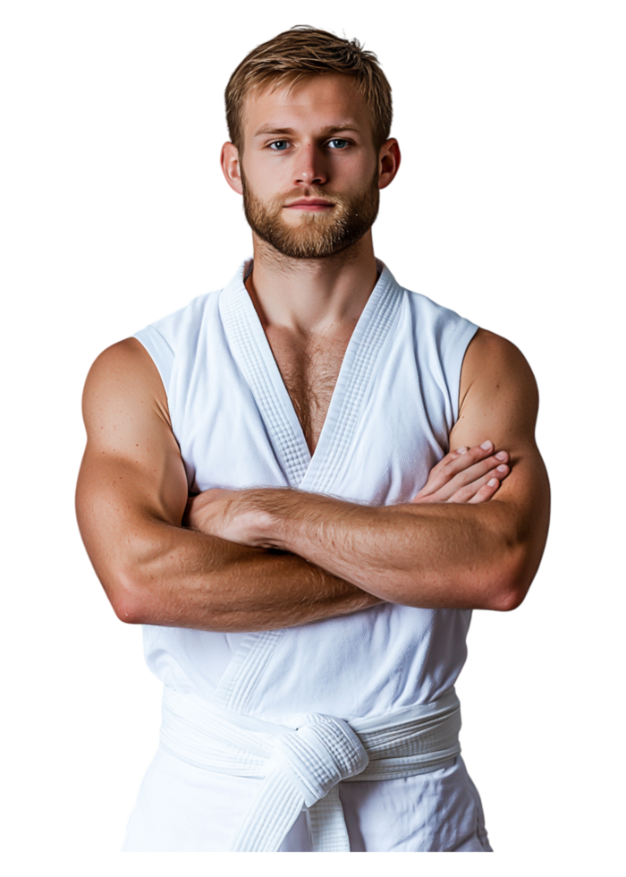 Confident Male Martial Artist in Traditional Uniform with Arms Crossed png