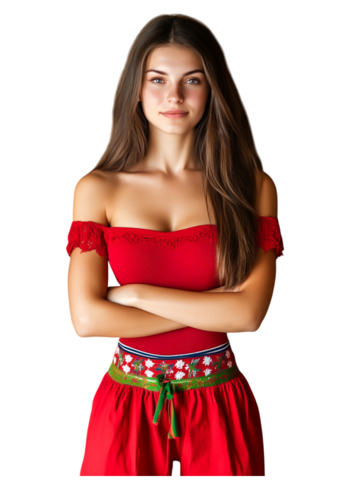 Young Woman in Red Dress with Off-Shoulder Design and Floral Belt png