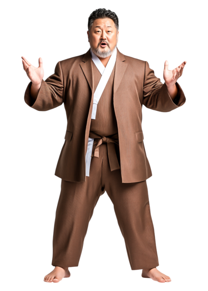 Man in Brown Suit Posing Enthusiastically with Outstretched Arms png