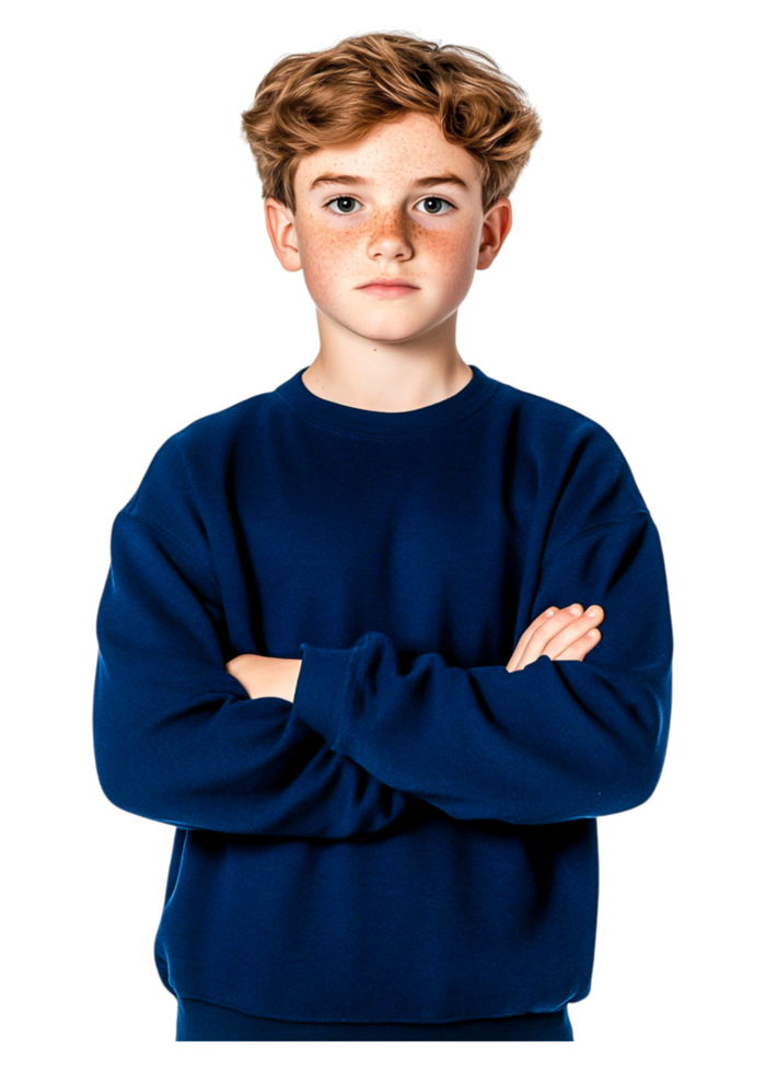 Serious Young Boy with Freckles Wearing Navy Blue Sweatshirt png