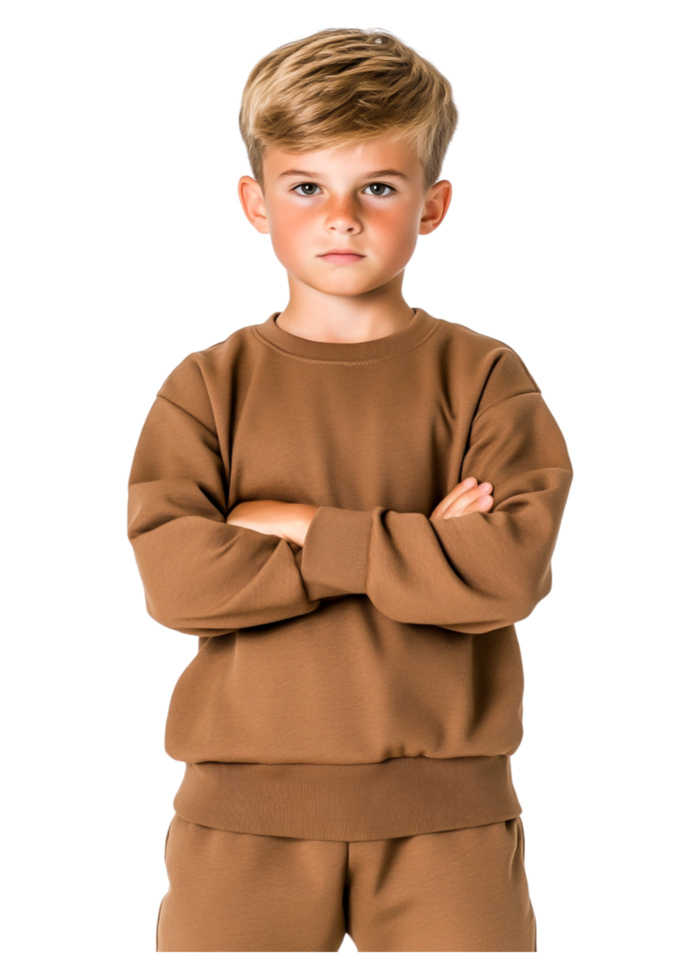 Confident boy with arms crossed in casual brown clothing png
