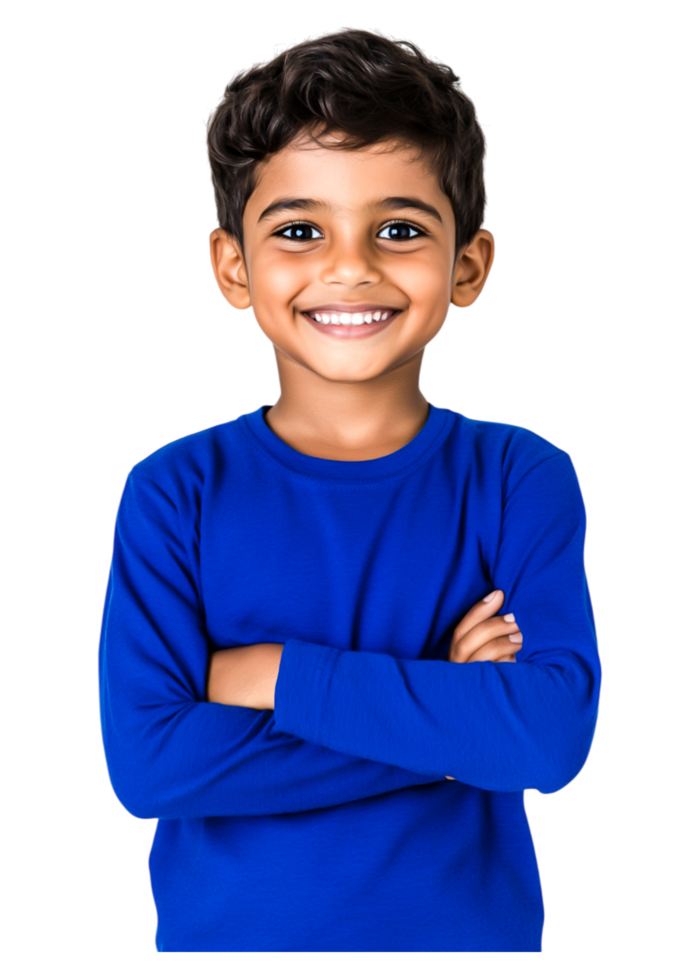 Happy Young Boy with Crossed Arms in Bright Blue Shirt Smiling Joyfully png