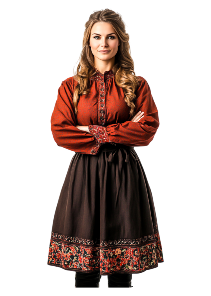 Traditional Woman in Elegant Dress with Floral Embroidery png