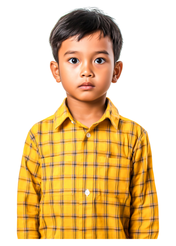 Young Boy with Short Hair Wearing Yellow Checkered Shirt png
