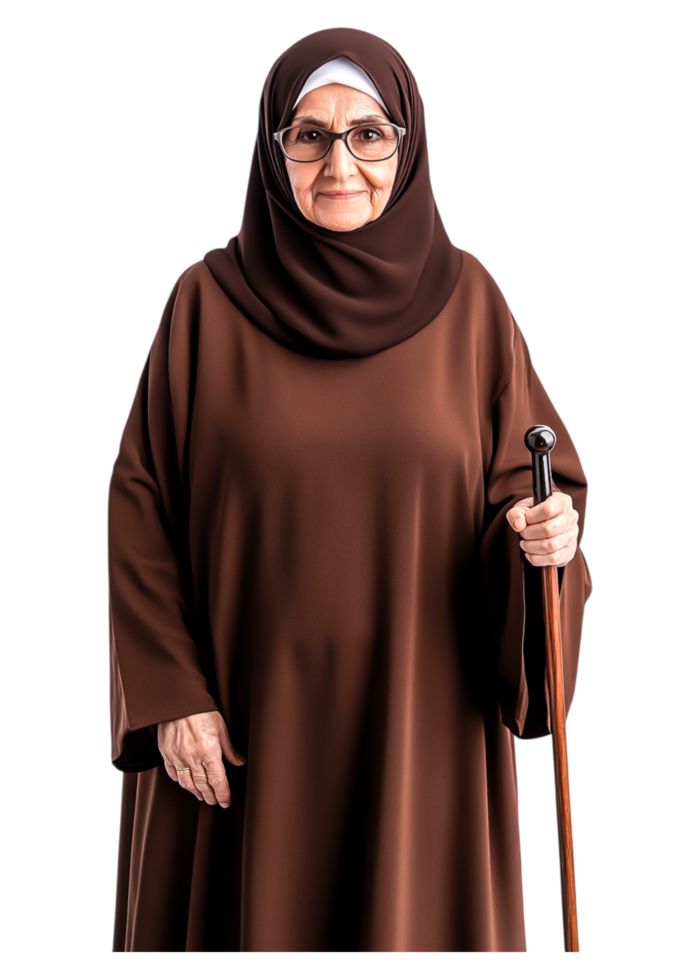 Elderly Woman in Traditional Attire with Cane and Glasses png