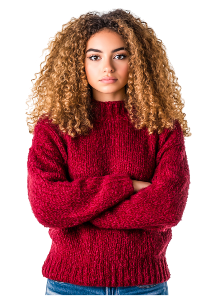 Young Woman with Curly Hair Wearing Red Sweater and Serious Expression png