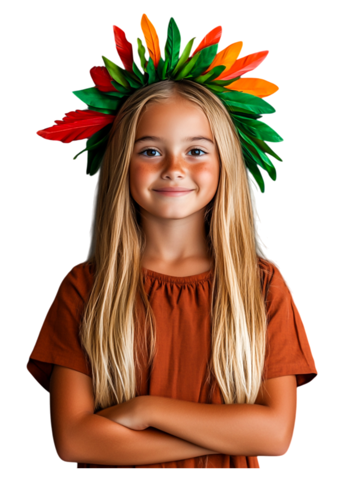 Joyful Girl with Colorful Leaf Headpiece and Confident Smile png