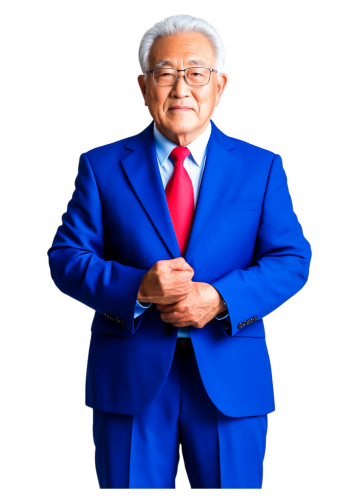 Confident Senior Man in Blue Suit with Red Tie Smiling Portrait png
