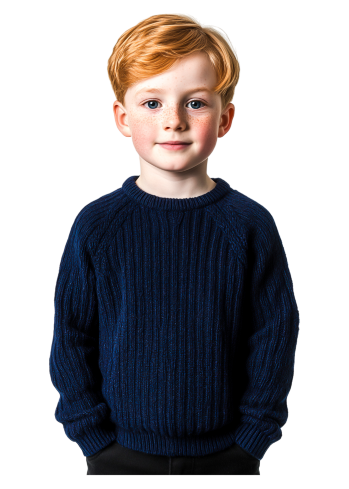Cute Boy with Red Hair in a Cozy Knit Sweater on Black Background png