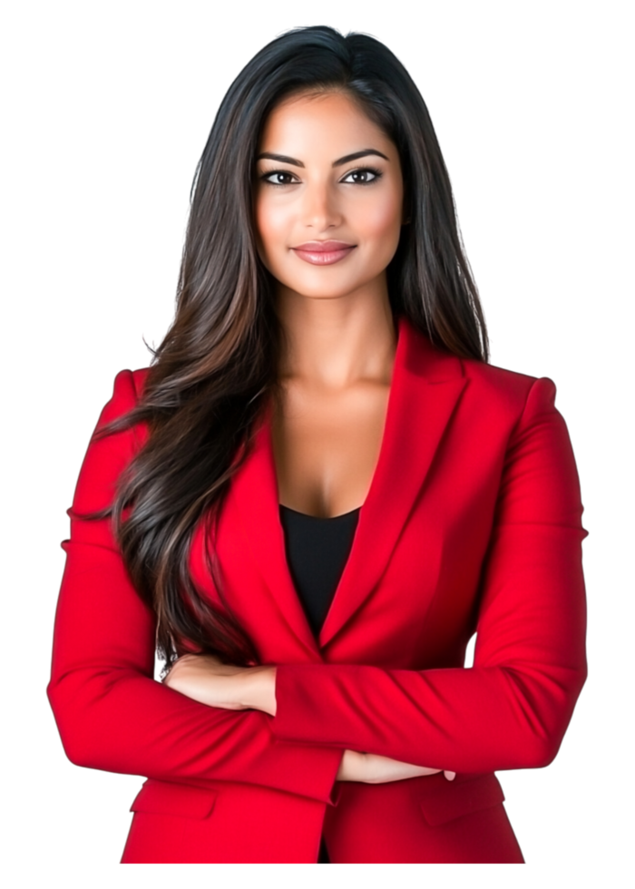 Confident Businesswoman in Red Suit Standing with Arms Crossed png