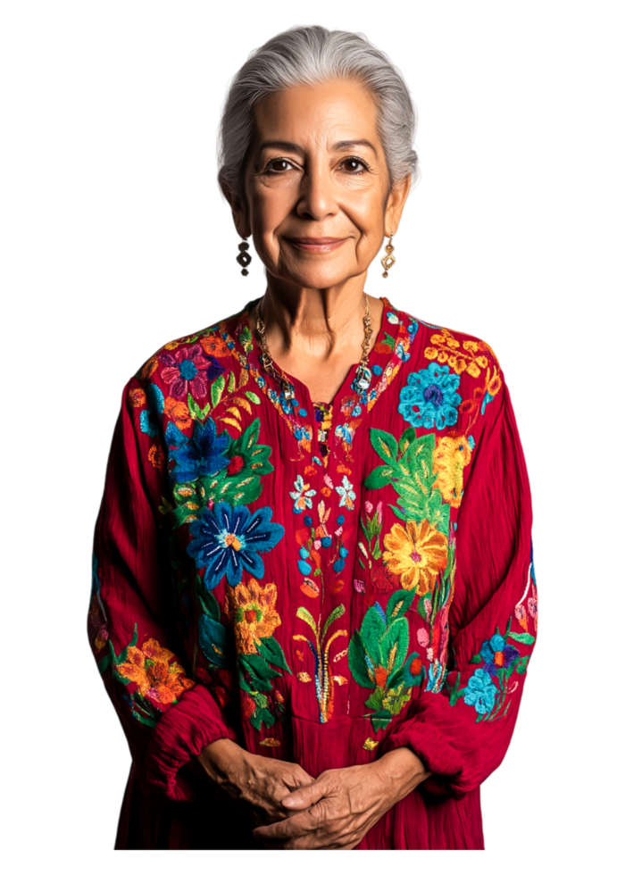 Elderly Woman in Traditional Embroidered Dress with Floral Patterns png