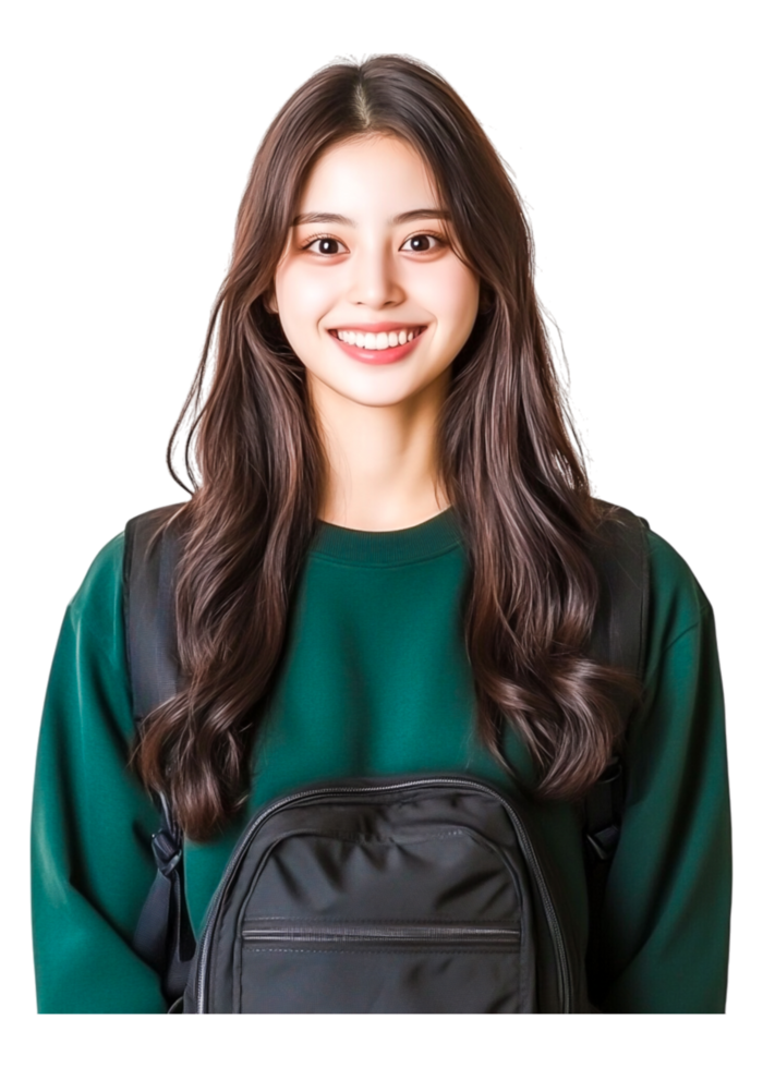 Smiling Young Woman with Long Hair Wearing Green Sweater and Backpack png