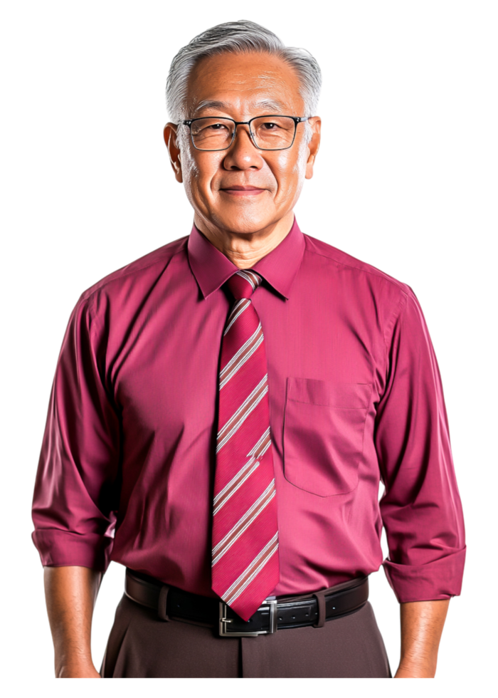 Mature Man in Glasses Wearing Maroon Shirt and Striped Tie png