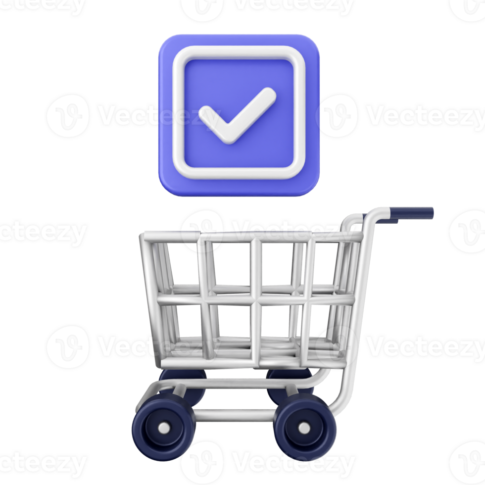 A shopping cart with a check mark and a blue button png