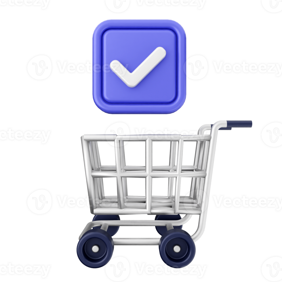A shopping cart with a check mark and a blue button png