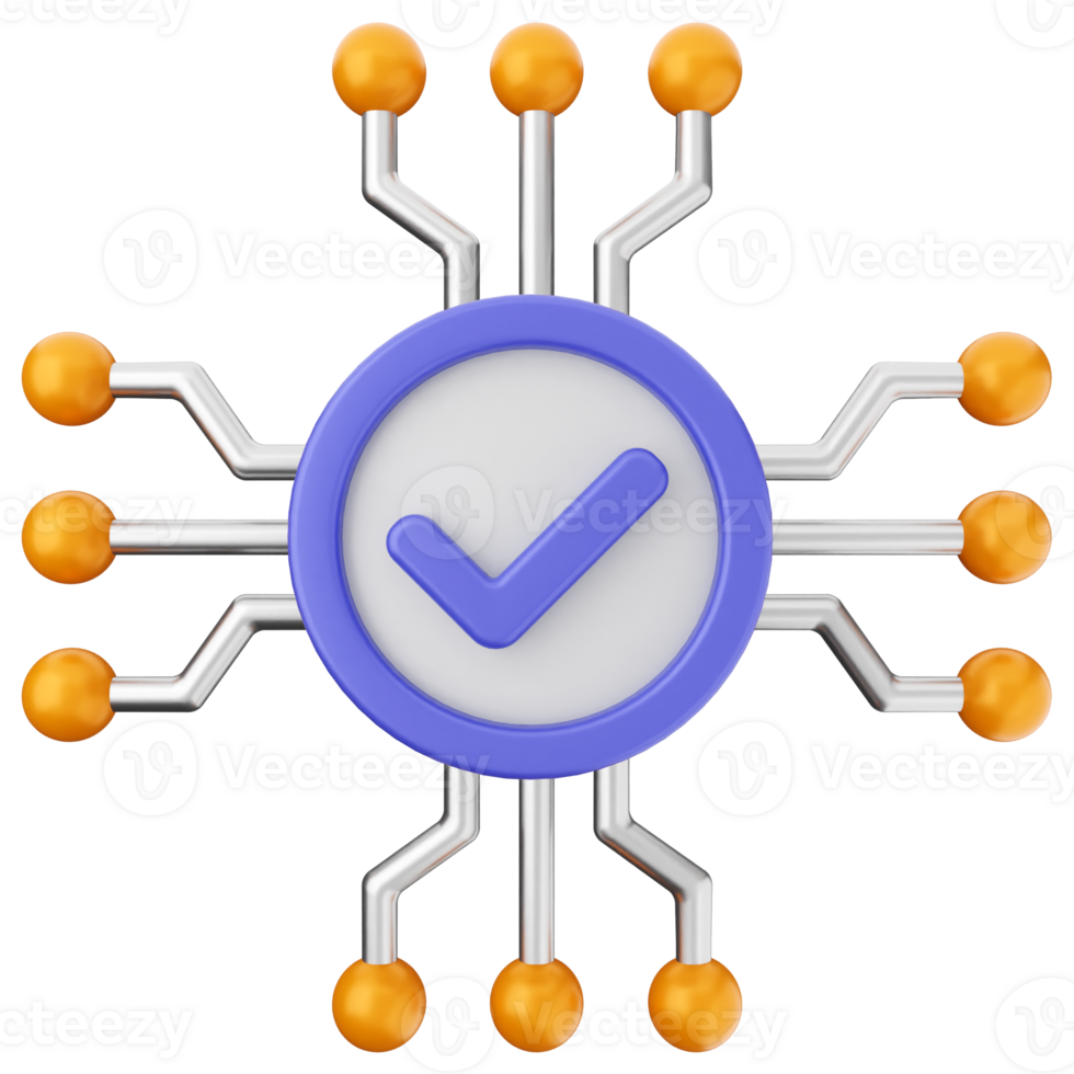 A check mark on a circuit board with orange and blue circles png
