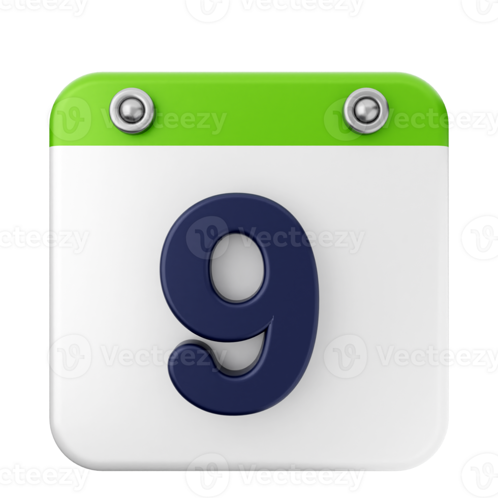 A white and green calendar icon with the number 9 png