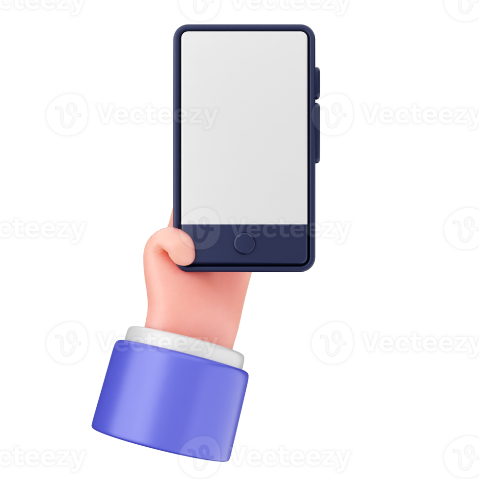 A hand holding up a smartphone with a blank screen png