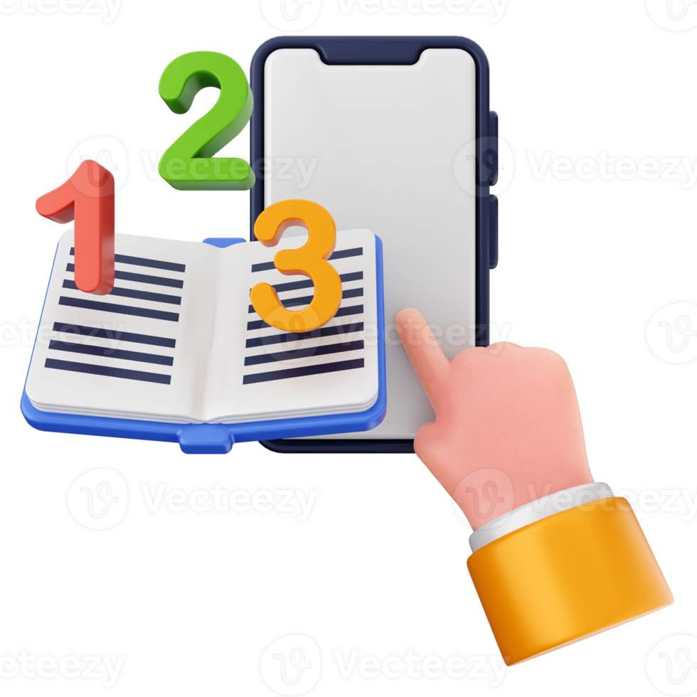 3d hand holding open book and phone with numbers png