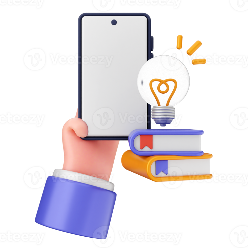 Hand holding a smartphone with a light bulb and books png