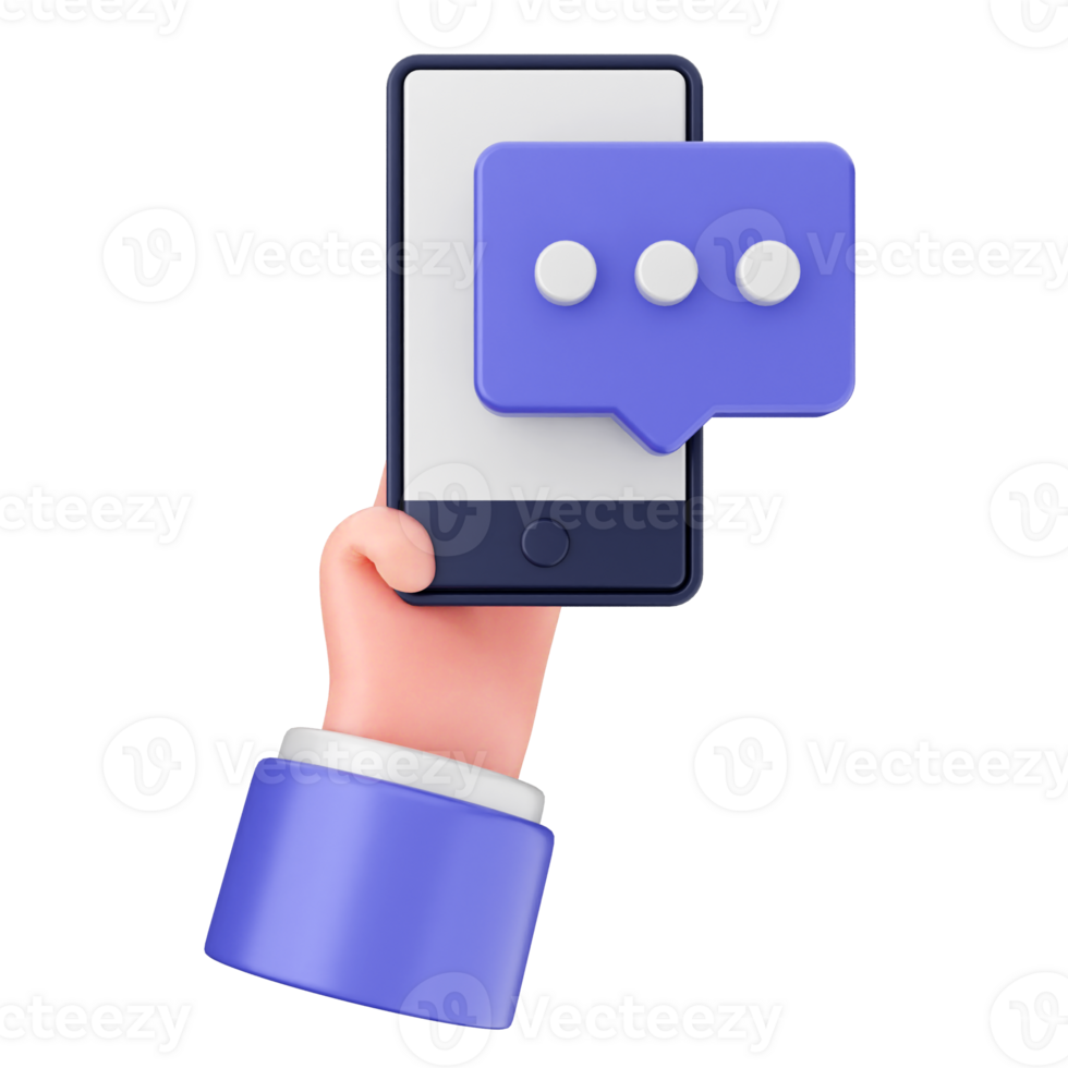 Hand holding a smartphone with a chat bubble icon png