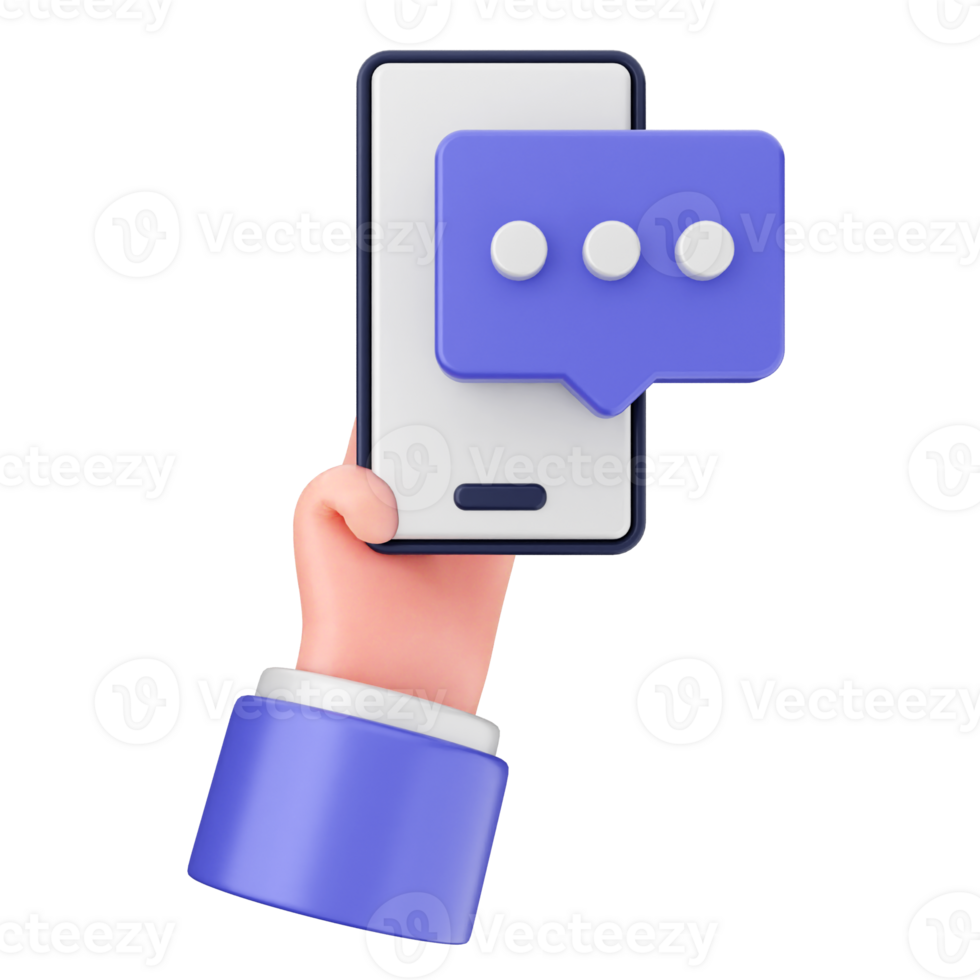 Hand holding a smartphone with a chat bubble icon png