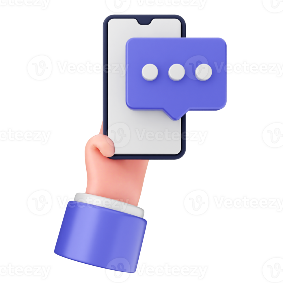 Hand holding a smartphone with a chat bubble icon png