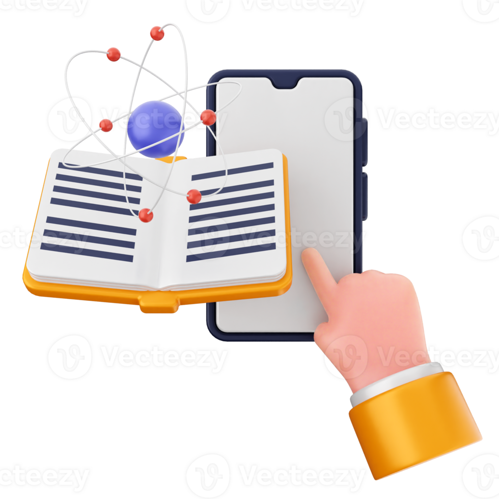 Hand holding open book with atom symbol png