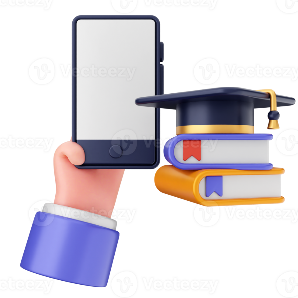 Hand holding a smartphone with a graduation cap and books png