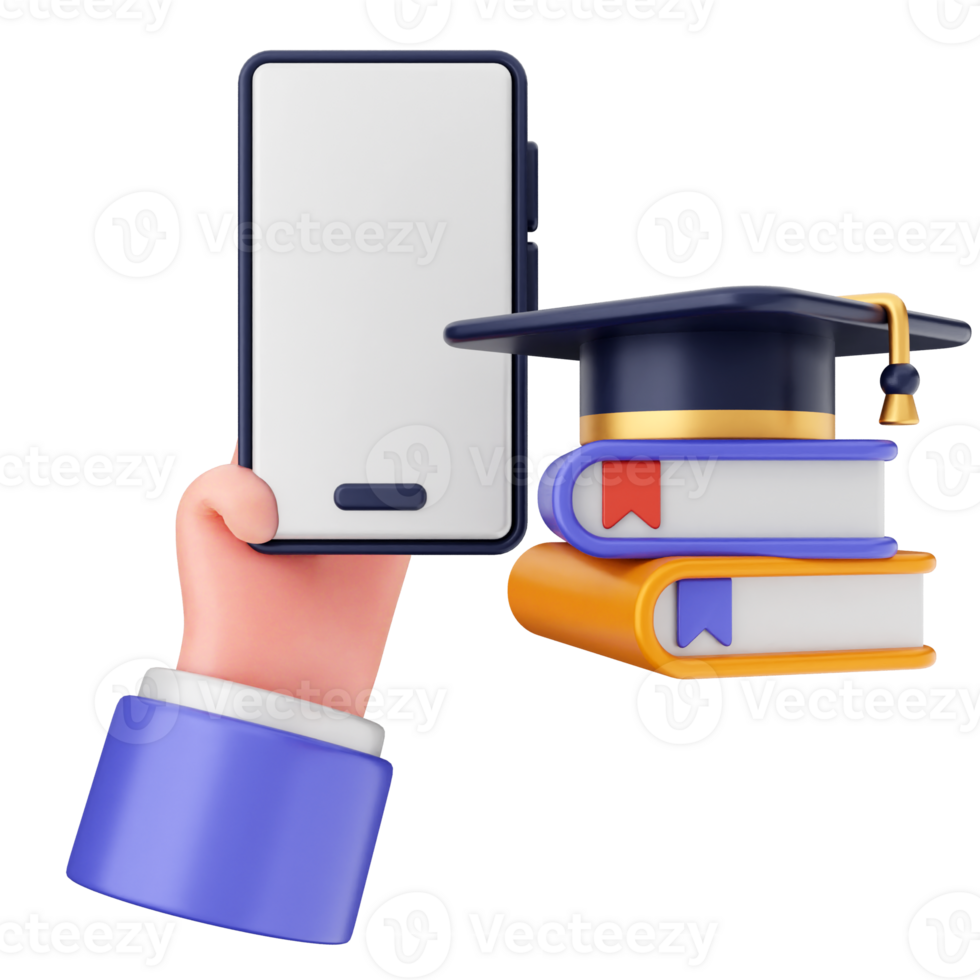 Hand holding a smartphone with a graduation cap and books png