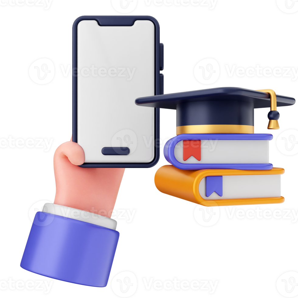 Hand holding a smartphone with a graduation cap and books png