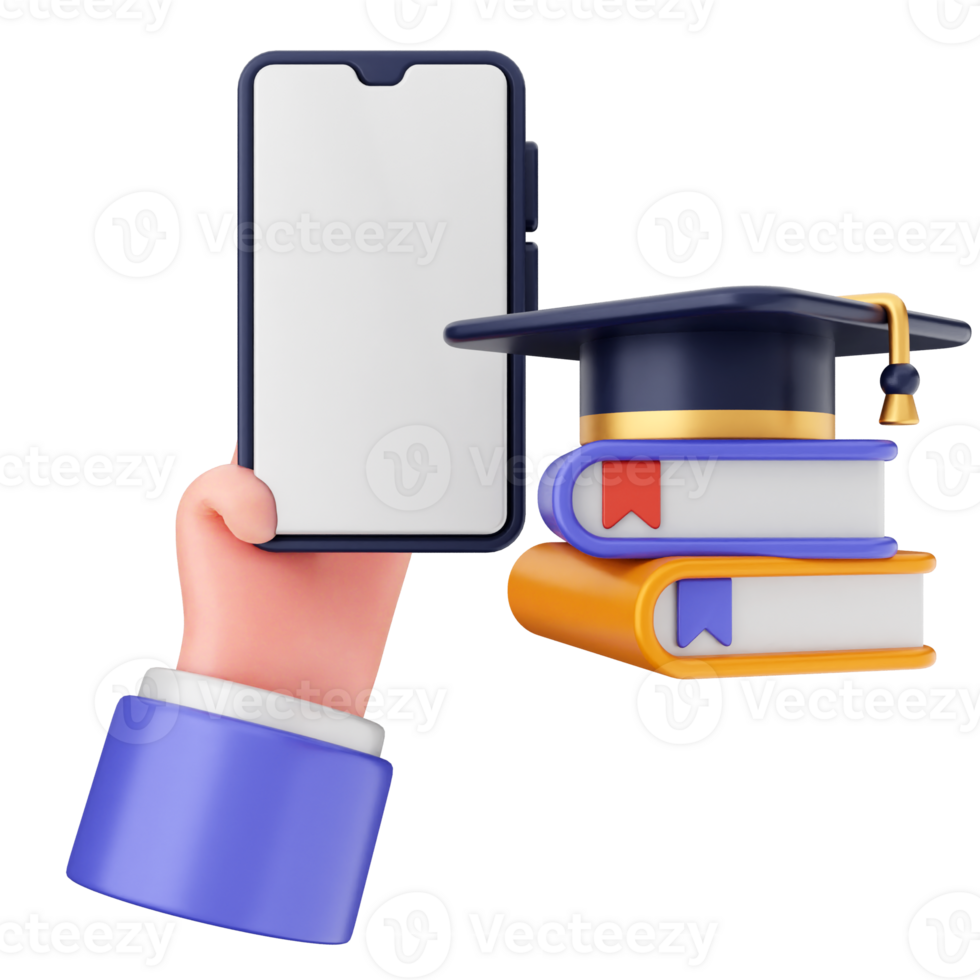 Hand holding a smartphone with a graduation cap and books png