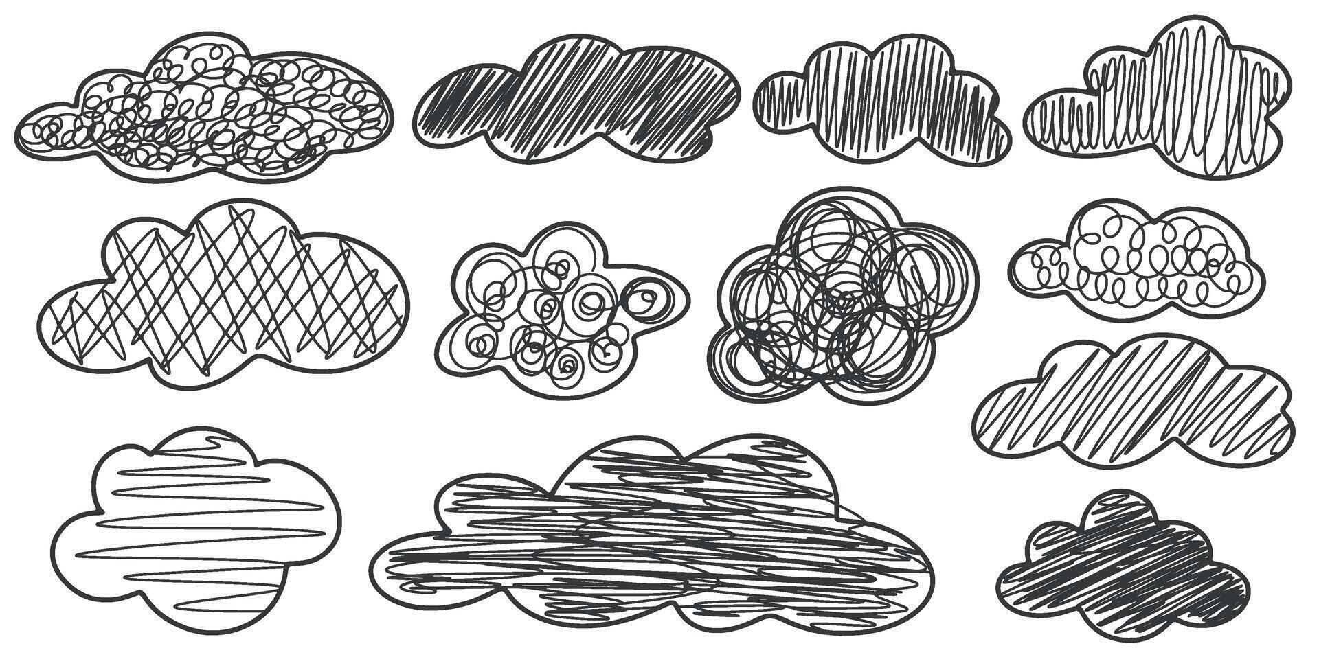 Ink set clouds doodle sketch style vector