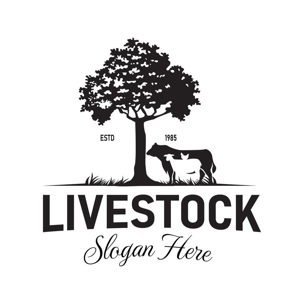 Vintage Style Logo with Big Tree Silhouette that shade cows, sheep and chickens, This logo is suitable for livestock, agribusiness, meat products, dairy companies vector